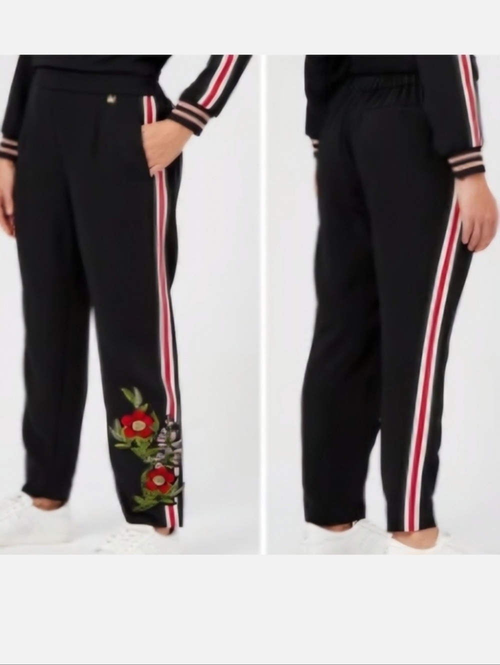 Ted Baker Madlyne Trousers Slim Fit Crop Track Stripe Embroidered Black Size 4